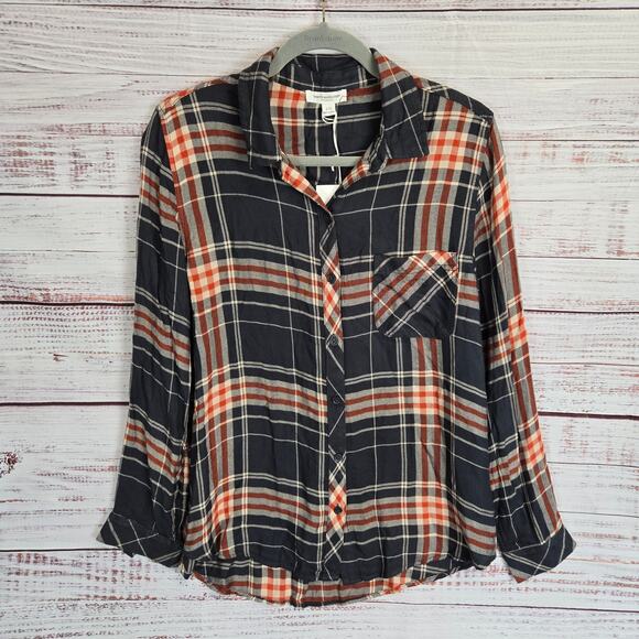 Beach Lunch Lounge Women Charley Top L Plaid Button Shirt Earthy Castlerock NWT - Picture 1 of 12